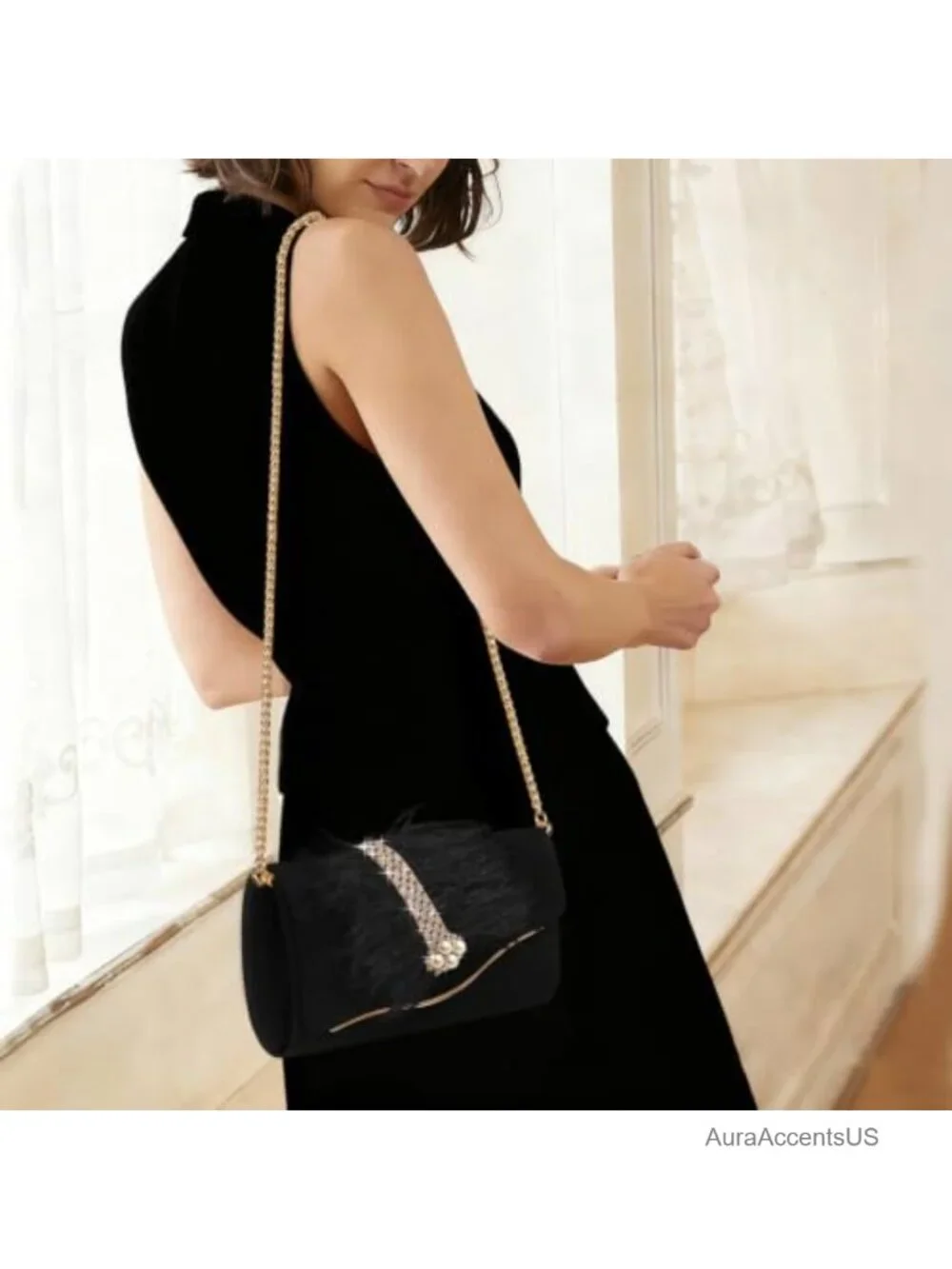 Faux Suede Envelope Clutch with Rhinestone Pearl Feather Crossbody Chain,